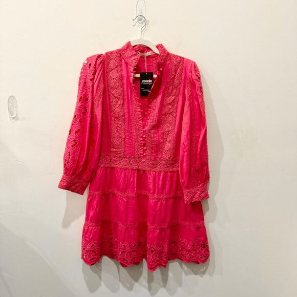 Alice + Olivia Clark Bishop Sleeve Lace Tiered Mini Dress French Rose Women's 6 - Picture 2 of 5